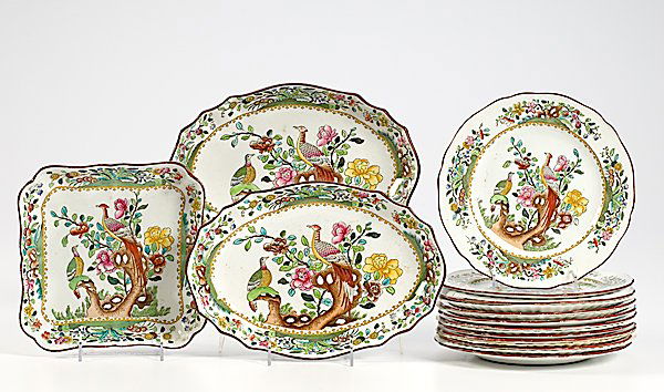 Spode Peacock Tablewares : Spode Peacock Tablewares British, early 20th century, thirteen pieces of Spode, including two oval platters, one square tray, and ten luncheon plates, decorated with colorful transfer print of peaco
