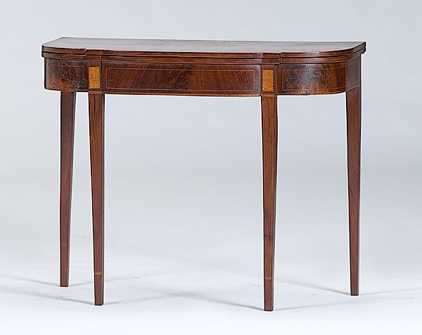 Federal Mahogany Gaming Table : Federal Mahogany Gaming Table Probably Pennsylvania, early 19th century, a Federal mahogany double-fold gaming table with inset lightwood lozenges, string inlay and edge inlay, rising on tapered leg