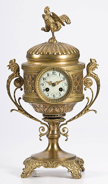 French Rooster Clock : French Rooster Clock French, ca 1875, probably part of a garniture set, the case is 20th century with Rooster finial and handles, the works with a count wheel; ht. 18.5 in.