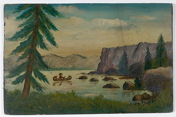 Folk Painting of Canoe on Lake Scene : Folk Painting of Canoe on Lake Scene American, Northeastern, ca 1900, oil on masonite, signed lower right "Fritz Simon". A wilderness scene with figure in a canoe rowing on a lake and surrounded by