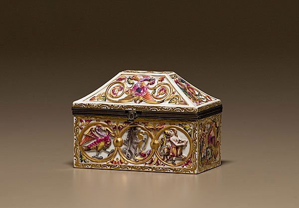 Capo-di-Monte Jewelry Casket : Capo-di-Monte Jewelry Casket Continental, ca 1900. Oblong with pitched lid, gilt metal mounts, and allegorical scenes with fanciful creatures, underglaze blue crown and "N"; ht. 5.5, lg. 7.5, wd. 4