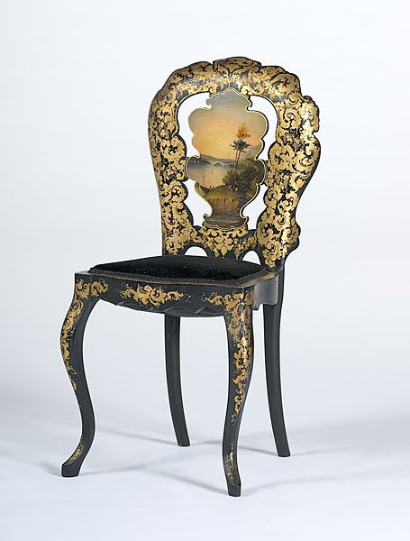 Papier Mâché Side Chair : Papier Mâché Side Chair English, 19th century. A papier mâché side chair with exuberant gilt decoration on legs, stiles and chair rail. Splat decorated with pastoral landscape. All on cabriole f