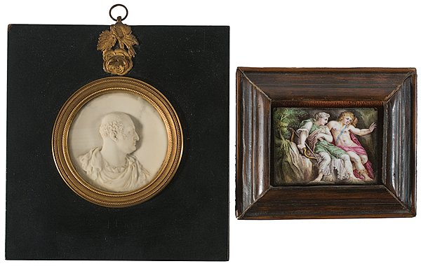 Parian Miniature and Enameled Plaque : Parian Miniature and Enameled Plaque English, 19th century, a Parian round plaque of Roman figure in relief, mounted in a gold metal frame with ornate hanger; dia. 2.5 in; and a porcelain hand paint