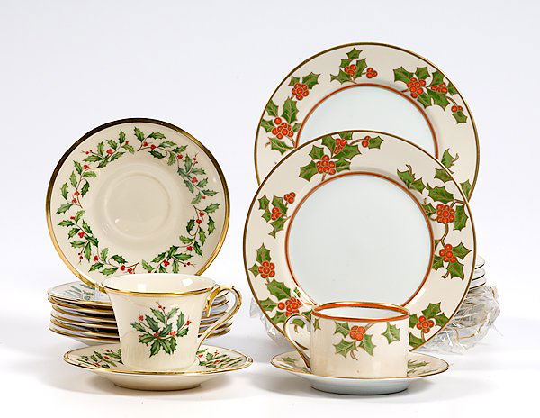 Holiday Holly Tea Service by Fitz & Floyd & Lenox: Holiday Holly Tea Service by Fitz & Floyd and Lenox 27 pieces. Nine dessert plates and a single cup and saucer, all "Christmas Holly" by Fitz and Floyd, Japan, ca 1984. All decorated with orange hol