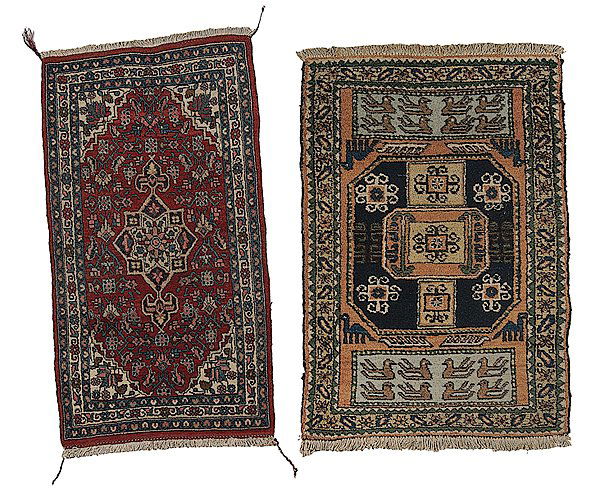 Lot of Two Area Rugs: Lot of Two Area Rugs One Iranian, with red ground, 41.25 x 23 in. (104.8 x 58.4 cm) and the other, Turkish, 40.5 x 28.25 in. (102.9 x 71.8 cm).