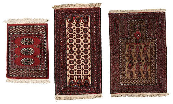 Lot of Three Area Rugs : Lot of Three Area Rugs Iranian, all 20th century, 36.75 x 26 in. (93.3 x 66 cm), 39 x 21 in. (99.1 x 53.3 cm), and 25 x 19.25 in. (63.5 x 48.9 cm).