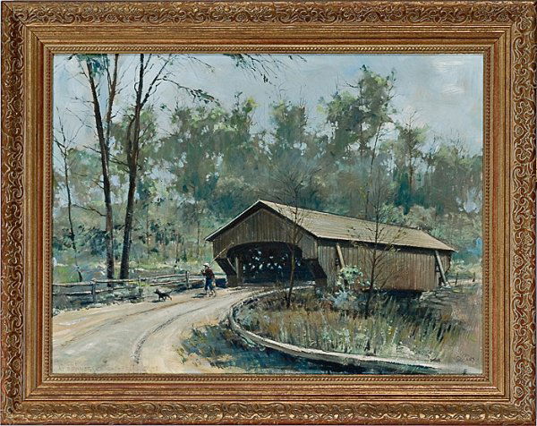 Covered Bridge by Eric Sloan, Oil on Masonite : Covered Bridge by Eric Sloan, Oil on Masonite, Eric Sloane (American, 1905-1985), titled Black River at Downers, Weathersfield, VT, l.l., signed and with Sloane's mountain monogram, l.r.; 17 x 24 in.�