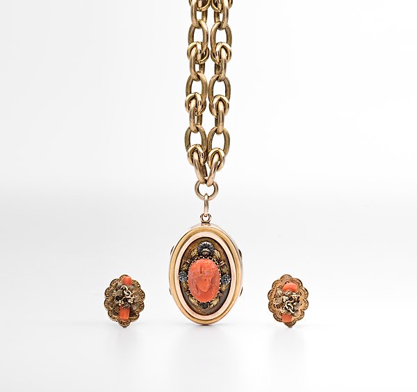 Victorian Red Coral Locket, Gold Necklace, and Mat: Victorian Red Coral Locket, Gold Necklace, and Matching Pins, American/Continental, ca ca 1880s, a red coral cameo gold-filled locket later added to a gold-filled linked necklace, with two red coral p