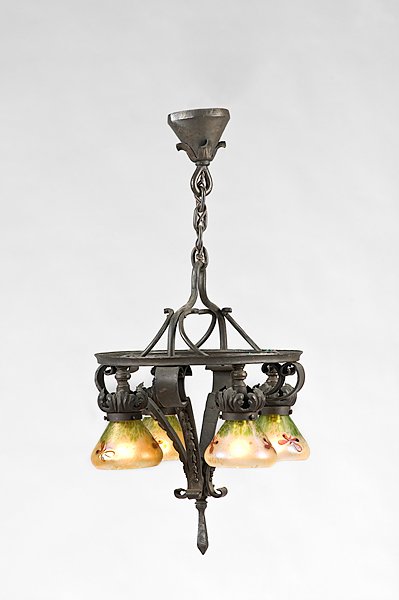 Renaissance-Style Chandelier with Loetz Shades : Renaissance-Style Chandelier with Loetz Shades, 19th century. A bronze metal chandelier in the Renaissance style with stylized holders supporting four tapered Loetz glass shades, all decorated with en