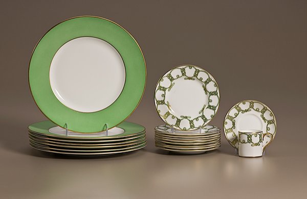 Tiffany and Co. Private Stock Tablewares : Tiffany and Co. Private Stock Tablewares, American, eighteen pieces, seven service plates in hand-painted green with gold gilt rim, and nine bread plates with hand-painted knot design in mint green, w