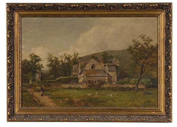 Landscape by David Bates, Oil on Canvas : Landscape by David Bates, Oil on Canvas, David Bates (British, 1840-1921), titled The Sheephouse, signed and dated 1888 l.r. and housed in original gilt and gesso frame; 19.5 x 29.5 in.