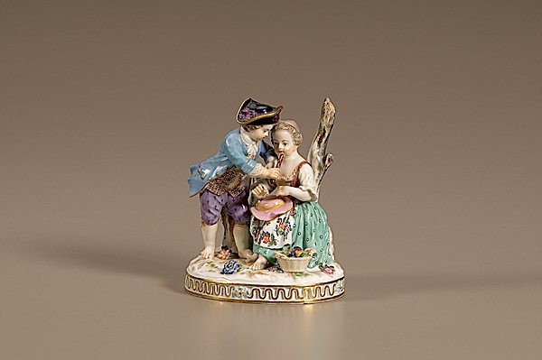 German Meissen-Style Romantic Group with Flute : Meissen-Style Romantic Group with Flute, German, ca. 1924-1934. A Meissen-Style figural group depicting peasant girl seated with young male figure leaning on her shoulder with flute, mounted on gilded