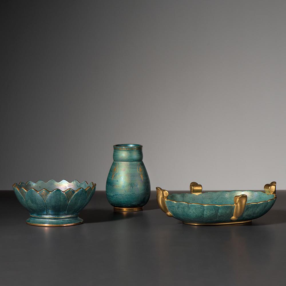 Josef Ekberg for Gustavsberg, Two Bowls and One Vase: Josef Ekberg for Gustavsberg Swedish, Early 20th Century Two Bowls and One Vase glazed earthenware each marked Gustavsberg with bowls marked for Josef Eckberg and vase having obscured, impressed mark