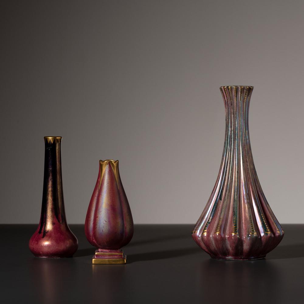 Josef Ekberg for Gustavsberg, Three Vases: Josef Ekberg for Gustavsberg Swedish, Early 20th Century Three Vases glazed earthenware each marked for Josef Ekberg and two having Gustavsberg mark to underside tallest dated 1928, medium dated 1929,