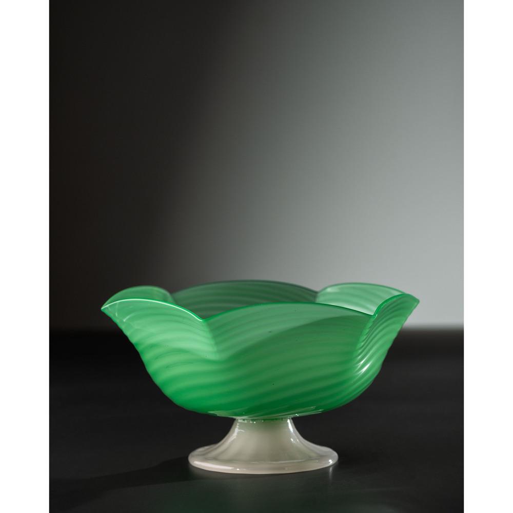 Steuben, Swirled Jade and Alabaster Six-Corner Footed: Steuben American, Early 20th Century Swirled Jade and Alabaster Six-Corner Footed Compote glass unmarked Height 3 5/8 x width 6 1/4 x depth 7 inches.