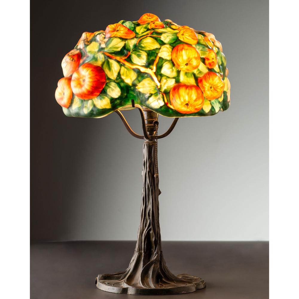 Pairpoint, Puffy "Apple Tree" Table Lamp: Pairpoint American, Circa 1900-1910 Puffy "Apple Tree" Table Lamp reverse painted glass and bronze base with impressed Pairpoint Mfg Co, Pairpoint logo and form number 3091 to underside Overall height