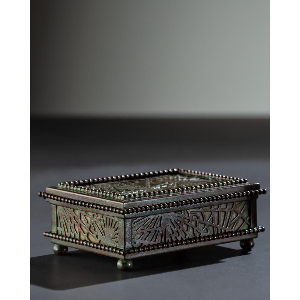 Tiffany Studios, Pine Needle Utility Box: Tiffany Studios American, Early 20th Century Pine Needle Utility Box bronze, glass stamped Tiffany Studios / New York / 800 Height 1 1/2 x width 4 1/2 x depth 3 1/4 inches.