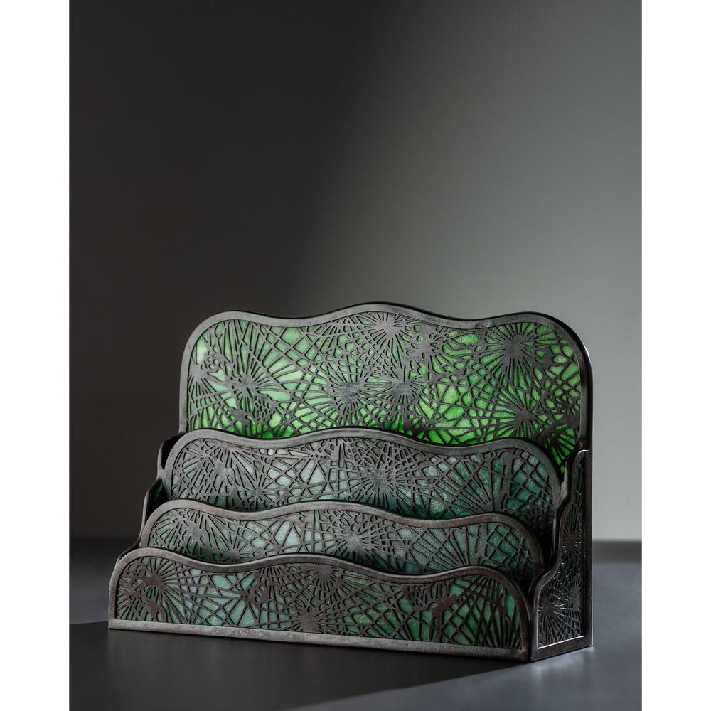 Tiffany Studios, Pine Needle Four-Tier Paper Rack: Tiffany Studios American, Early 20th Century Pine Needle Four-Tier Paper Rack bronze, glass stamped Tiffany Studios / New York Height 8 3/4 x width 12 1/2 x depth 3 3/4 inches.