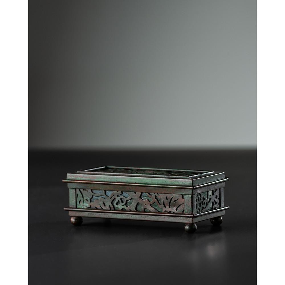 Tiffany Studios, Grapevine Stamp Box: Tiffany Studios American, Early 20th Century Grapevine Stamp Box bronze, glass stamped Tiffany Studios / New York / 801 Height 1 1/2 x width 4 1/4 x depth 2 1/4 inches.