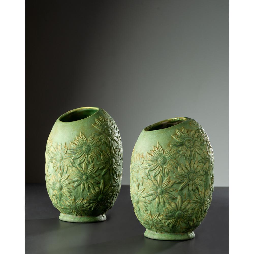 A Pair of Green Floral Vases, Possibly Tiffany Studios: A Pair of Green Floral Vases, Possibly Tiffany Studios American, Early 20th Century glazed earthenware one incised with conjoined LCT / N341 to underside, the other with faint marks to underside incl