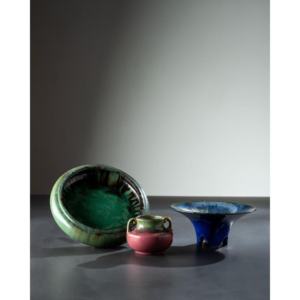 Fulper Pottery, Low Bowl, Footed Bowl and Vase: Fulper Pottery American, Early 20th Century Low Bowl, Footed Bowl and Vase each with stamp mark Height of footed bowl 3 3/8 x diameter 7 1/2 inches. Diameter of low bowl 8 3/4 inches.