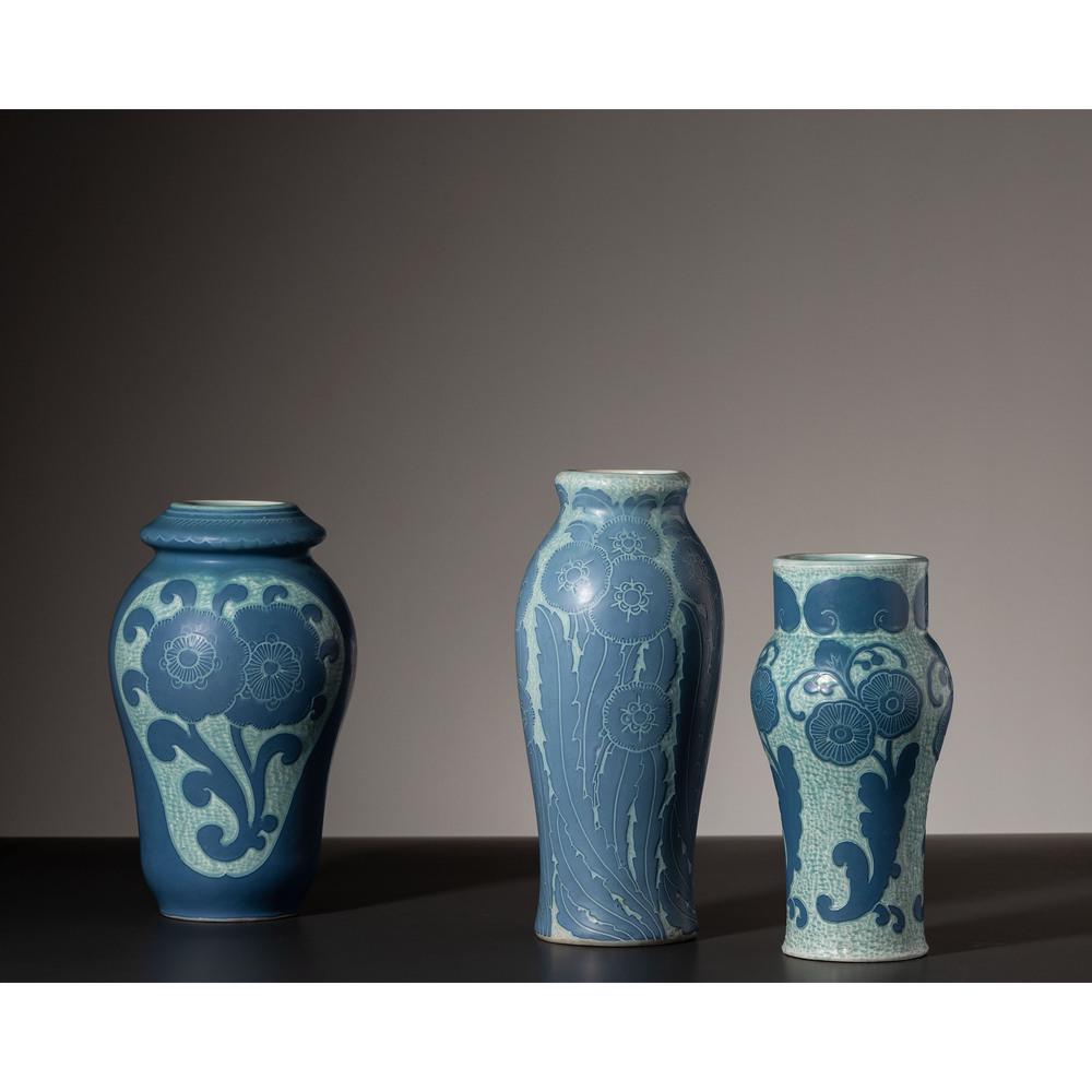Josef Ekberg for Gustavsberg, Three Vases: Josef Ekberg for Gustavsberg Swedish, Early 20th Century Three Vases glazed earthenware with sgraffito decoration two marked 1920 and one marked 1918 Largest height 13 1/4 inches. Provenance: Pr
