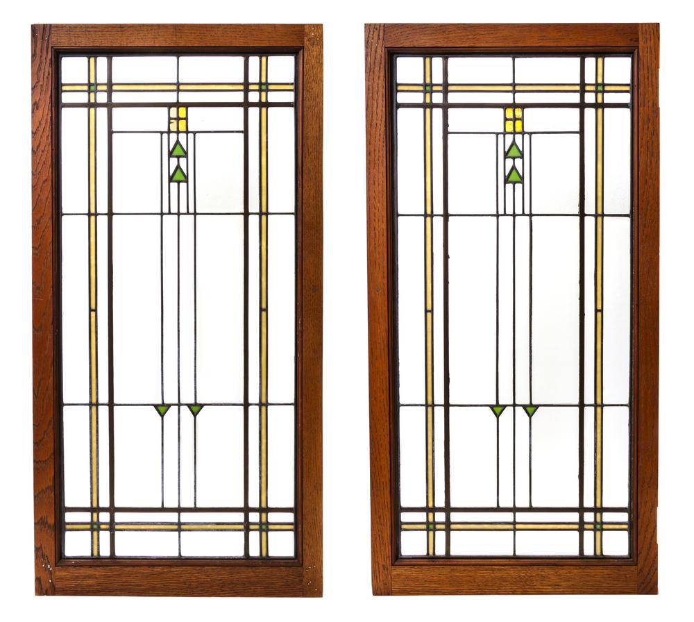 Attributed to Frank Lloyd Wright, Pair of Arts and: Attributed to Frank Lloyd Wright American, Circa 1915-16 Pair of Arts and Crafts Leaded Glass Casement Windows glass, oak (frame) Height of glass 39 1/2 x width 19 1/2 inches. These windows were pur