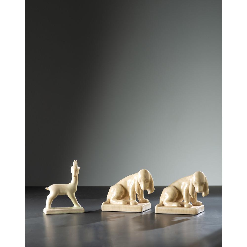 Rookwood Pottery, Goat Paperweight Designed by Louise: Rookwood Pottery American, Early 20th Century Goat Paperweight Designed by Louise Abel and a Pair of Beagle Bookends Ivory Matte and Ivory High Glaze goat marked with Rookwood logo, date mark 1945,