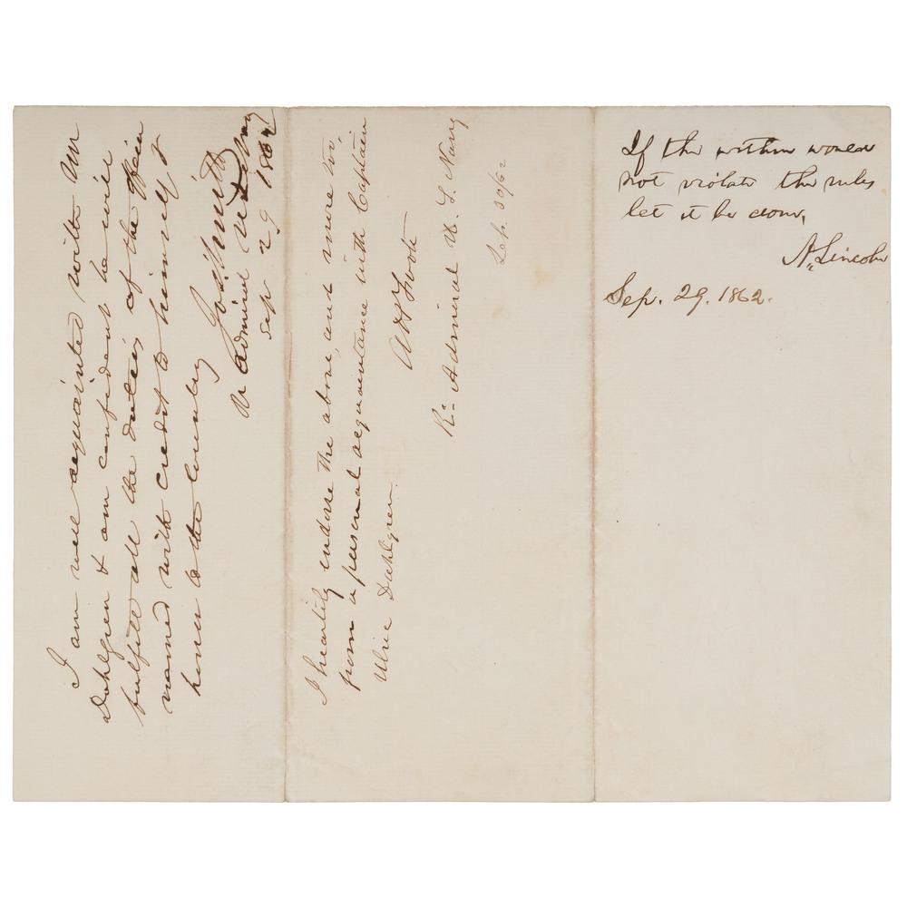 LINCOLN, Abraham (1809-1865). Autograph endorsement (1 of 1)