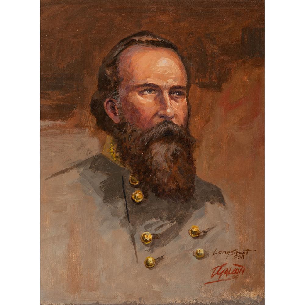 [LONGSTREET, James (1821-1904)]. GALLON, Dale, artist.: 8 1/2 x 11 1/2 in. oil on canvas (visible image), housed in gilded wooden frame with brass plaque identifying subject and artist, 16 3/4 x 19 3/4 in. (some surface loss, few hairline cracks). Titled l