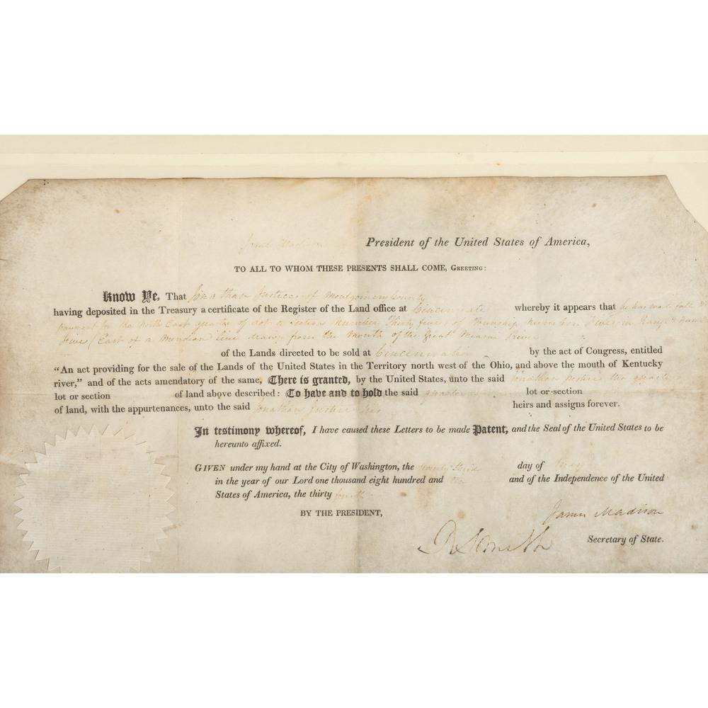 MADISON, James (1751-1836). Document signed ("James (1 of 2)