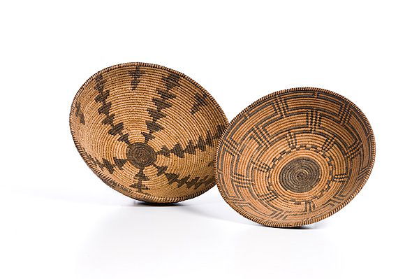Apache Baskets : Apache Baskets Lot of 2, includes one with stacked triangles; arrow points hang from rim, height 4 in. x diameter 12 in.; AND one with a maze design and tick marks on rim, height 2.75 in. x diameter