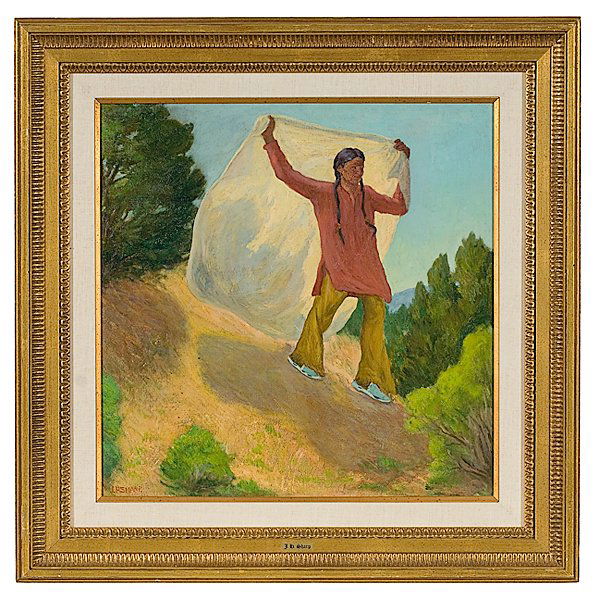 Joseph Henry Sharp (American, 1859-1953) : Joseph Henry Sharp (American, 1859-1953) Smoke Signal oil on canvas signed l.l. 25 in. x 25 in. Ex Property Reserve National Insurance Company, Oklahoma City, OK