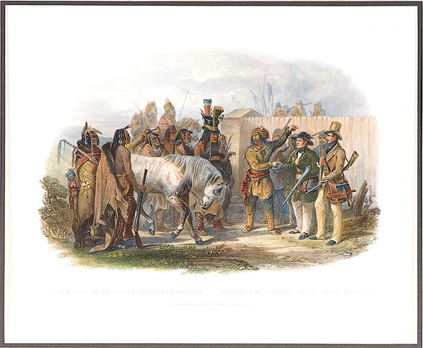Karl Bodmer (Swiss, 1809-1893) : Karl Bodmer (Swiss, 1809-1893) The Travellers Metting with Minatarre Indians Near Fort Clark etching and aquatint on paper published by Ackerman & Co., 1842, etching by ALexander Manceau Tab. 26 fro
