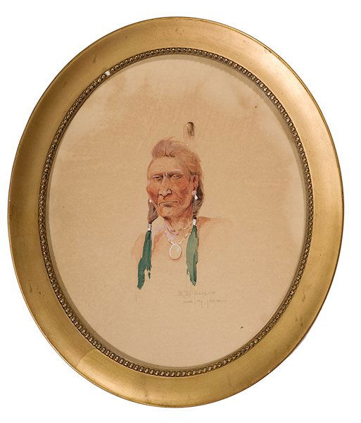 Edgar Samuel Paxson (American, 1852-1919) : Edgar Samuel Paxson (American, 1852-1919) Indian Warrior Portrait watercolor on paper signed and dated 1910 l.r. 9.5 in. x 11.5 in.