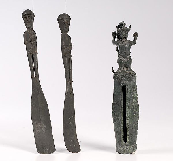 Indonesia, Spoons, Water Vase, and Gong : Indonesia, Spoons, Water Vase, and Gong Lot of 4, includes two carved wooden rice spoons from Sulawesi; each topped with a figure, length 15.5 in. and 16 in.; PLUS a repaired pottery vase with lid,
