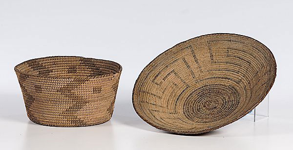 Pima Baskets : Pima Baskets lot of 2, including one basket with zigzag motif, height 4.5 in. x diameter 9 in.; AND a tray with maze design, diameter 12.25 in. second quarter 20th century