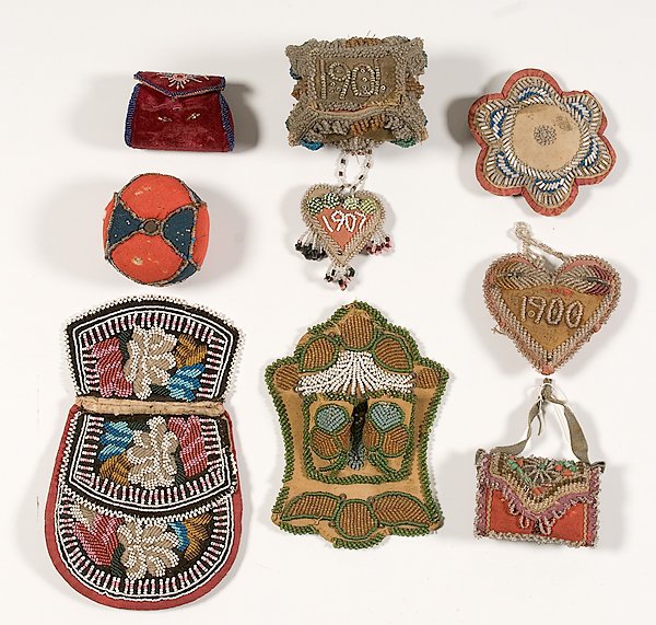 Iroquois Beaded Whimsies : Iroquois Beaded Whimsies Lot of 10, includes one wall plaque, four pin cushions, one bird, three purses, and one box, some dated in beadwork, sizes range from 3 in. to 8 in. ca 1900