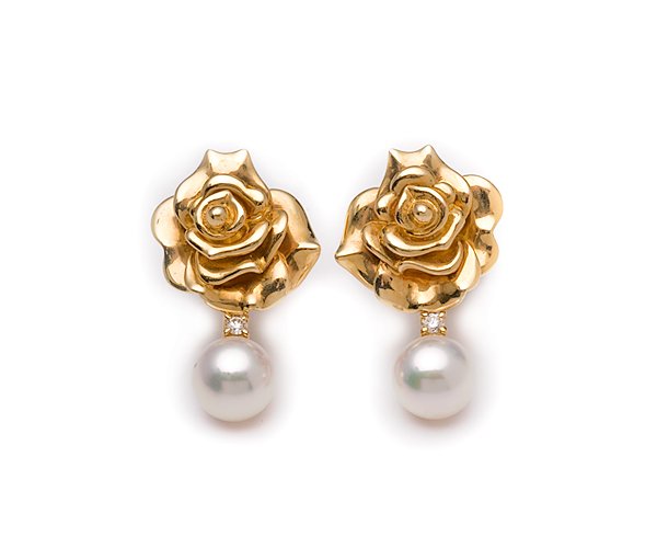 Mikimoto Pearl, Diamond and Gold Earrings : Mikimoto Pearl, Diamond and Gold Earrings Late 20th-century, 18k yellow gold Mikimoto cultured pearl and diamond pierced earrings, each with one round white, high luster 7.5mm cultured pearl, and on