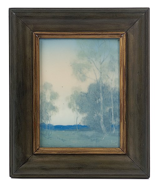 Rookwood Vellum Landscape Plaque by Epply : Rookwood Vellum Landscape Plaque by Epply A Rookwood vellum landscape plaque, depicting a meadow with birch trees and hills in background, executed by Lorinda Epply, dated 1923, impressed Rookwood; 