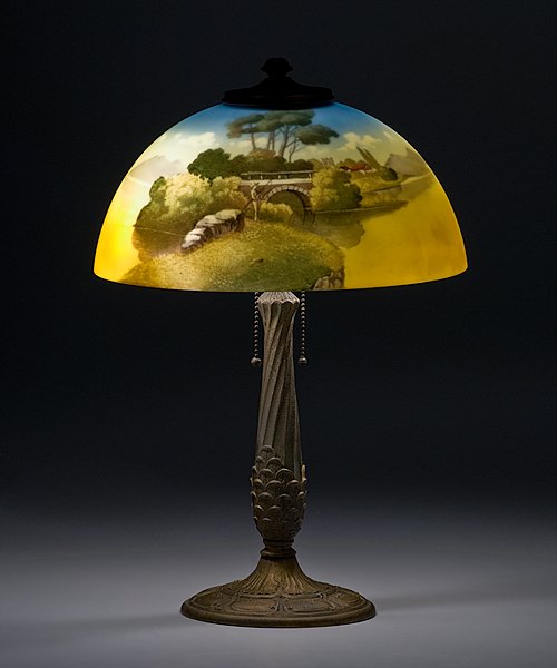 Pittsburgh Reverse Painted Table Lamp : Pittsburgh Reverse Painted Table Lamp A domical shade with reverse-painted scene of man fishing at water's edge with bridge and trees; supported by a two light brass-style metal base, unmarked; shad