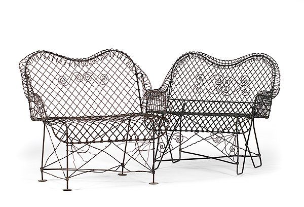 Wire Garden Settees : Wire Garden Settees American, late-19th, early-20th century. Two wire garden settees with scrolling backs and arms. One, ht. 36, wd. 36, dp 19.5 in., and the other, ht. 36.5, wd. 35.25 dp. 20 in.