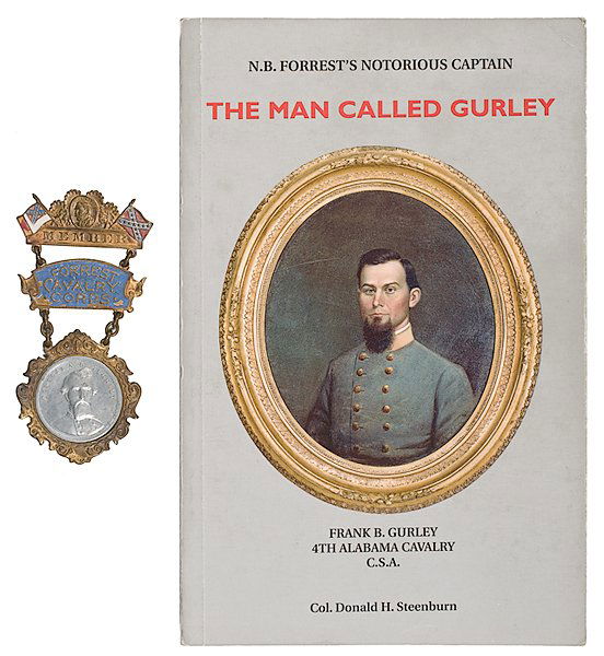 Identified Forrest Cavalry Badge : Identified Forrest Cavalry Badge Lot includes badge and book. Three-tier badge. Top with small profile of Robert E. Lee and Member, first and second Confederate battle flags on either side. Second p