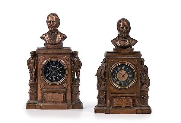 Pair of William Jennings Bryan and William McKinle: Pair of William Jennings Bryan and William McKinley Clocks A pair of potmetal campaign mantel clocks featuring the busts of William Jennings Bryan and William McKinley, from the 1896 campaign. The M