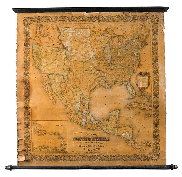 Ensign & Thayer Map of the United States, 1849 : Ensign & Thayer Map of the United States, 1849 Mexico and the West Indies. 35.5 x 37 in. map on wood "roller" (max. length 40.5 in.), on cartographic linen and varnished as usual for the period; han