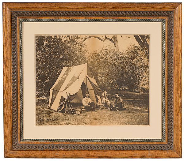 Carleton Watkins Mammoth Plate Photograph of Calif: Carleton Watkins Mammoth Plate Photograph of California Camping / Hunting Scene Carleton E. Watkins (1829-1916). Albumen photograph, 18 x 20 in., mounted on larger cream board, signed on the mount l