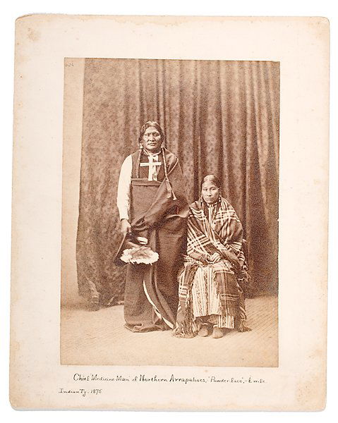 Alexander Gardner Albumen Portrait of Powder-Face: Alexander Gardner Albumen Portrait of Powder-Face & Wife taken in Washington, D.C. in 1873. Mounted, 8 x 10 in. An albumen photograph with incorrect ink identification, Chief Medicine Man of Norther