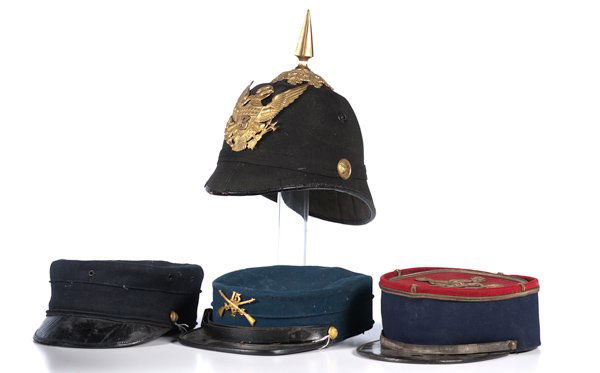 Lot of 4 Military Headgear : Lot of 4 Military Headgear 1) U.S. 1902 kepi with crossed rifles, 15th Regt. Co. F. 2) French officer's "coffee can." 3) MIT 1902 pattern kepi. 4) 1881 artillery dress pith helmet in black, 3rd Regt