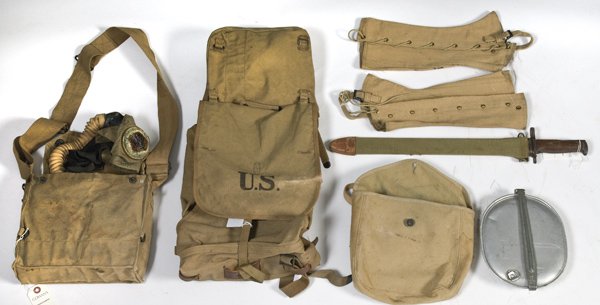 Lot of WWI U.S. Web Gear : Lot of WWI U.S. Web Gear Includes gasmask, backpack, leggings, mess kit, and 1903 Springfield bayonet dated 1910.