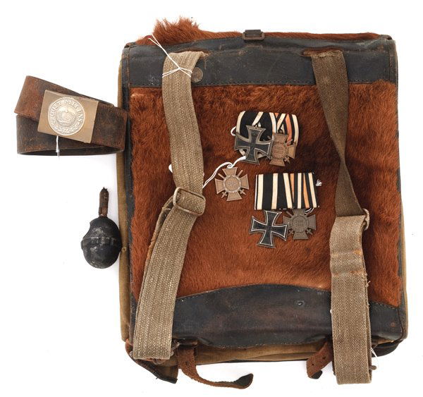 WWI German Field Gear and Medals : WWI German Field Gear and Medals Early egg grenade, enlisted man's pony hair pack, Army enlisted man's belt and buckle, pair of 2 medal bars with Prussian iron cross and Hindenburg cross, single Hin